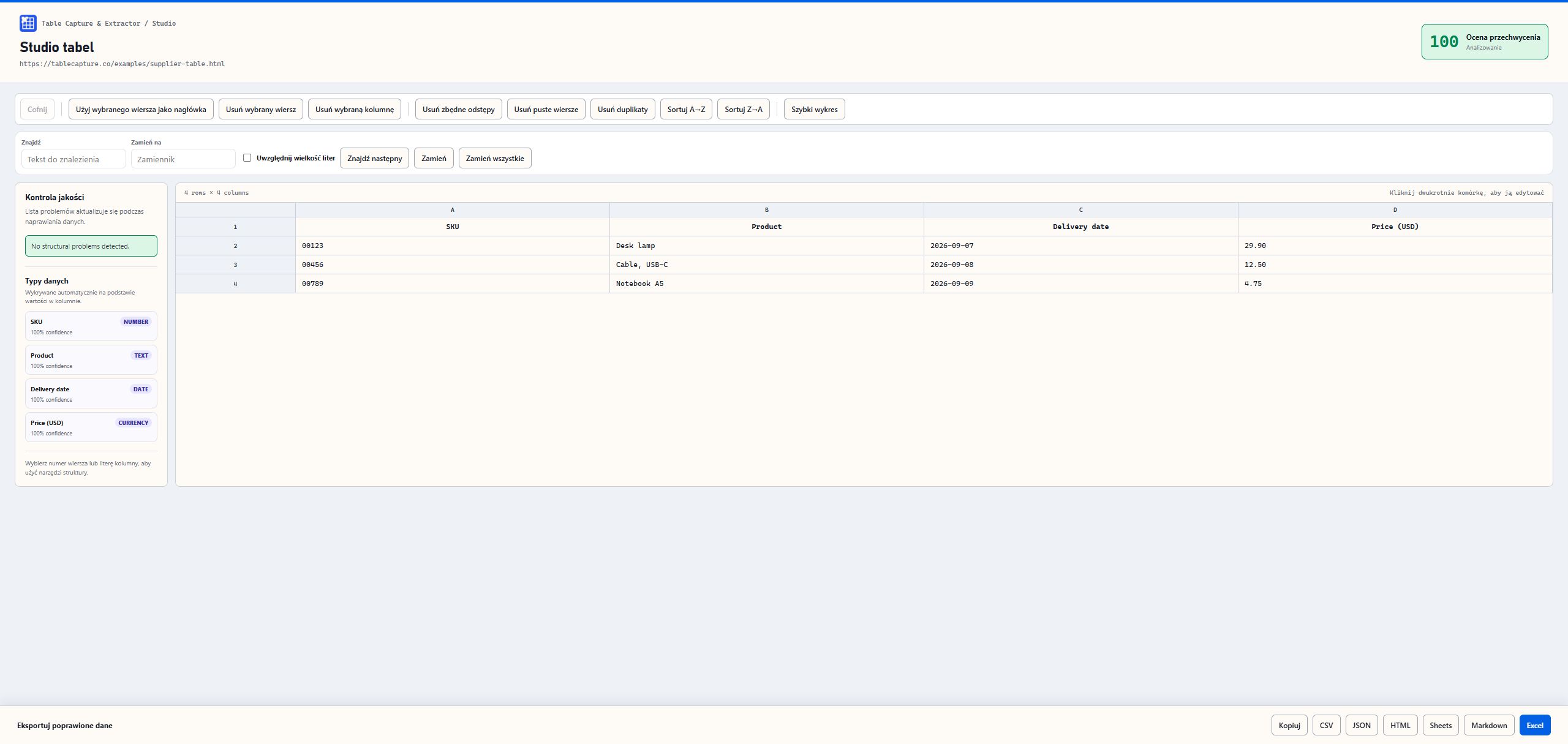Table Studio showing three sample products, four columns, and the Excel and CSV export controls